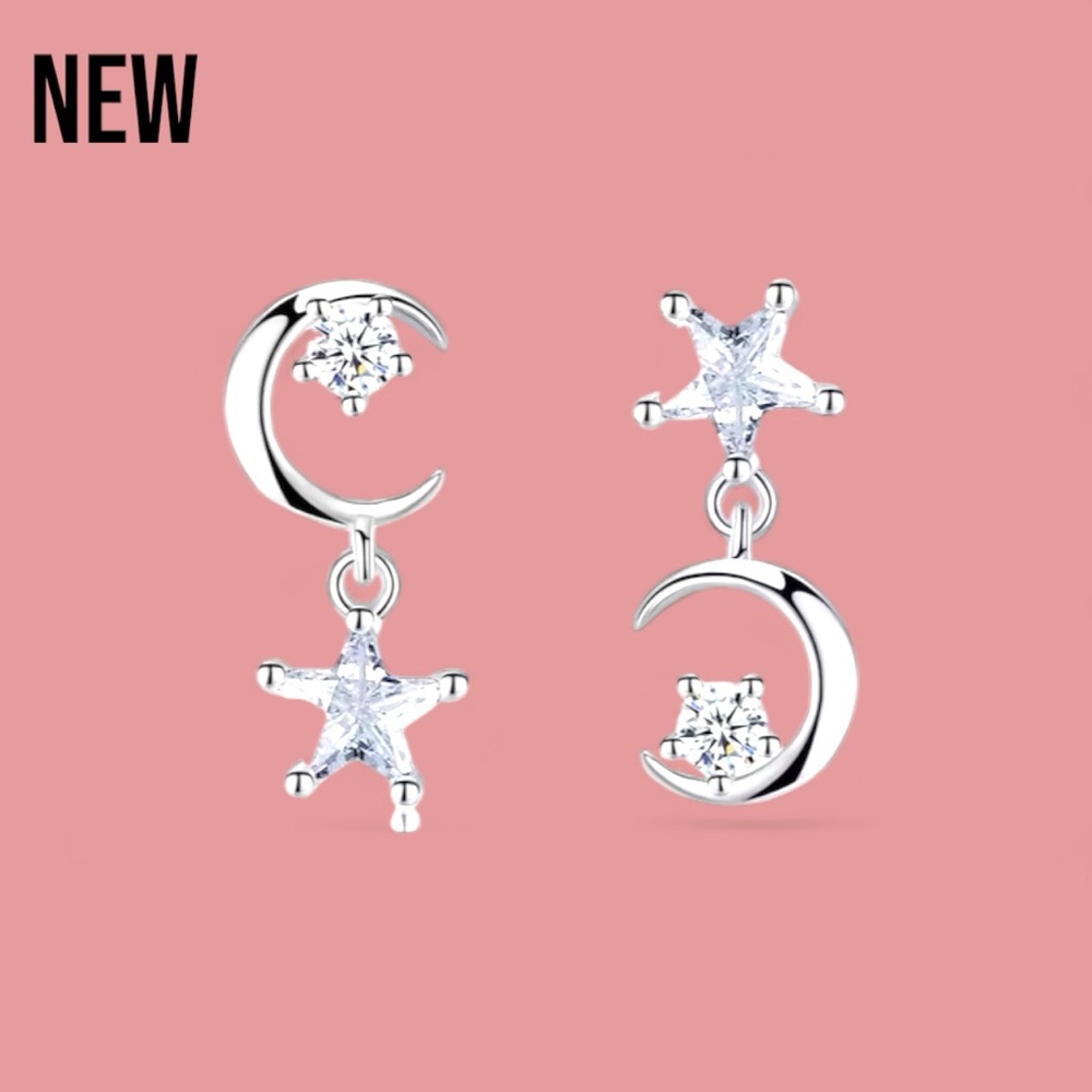 New Exclusively Fancy Silver Alloy Crystal Star Moon Dangle Stud Earrings